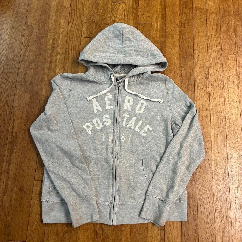 Vintage Aeropostale Zip Up Hoodie Mens XL Grey Y2K 2000s Logo Sweatshirt